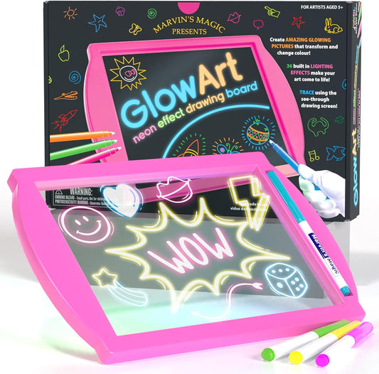 - Glow Art Unique Craft Kit | Light up Kids Art Set | Includes Neon Effect Drawing Board with a Built-In Stand and 4 Fluorescent Magic Pens - Pink