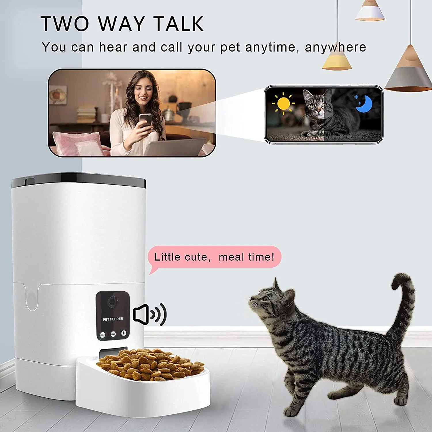 Automatic 6L Pet Feeder for Cats and Dogs with 1080P Camera, App Control, Voice Recorder, Timed Feeding, Dual Power Supply, and Wifi Connectivity