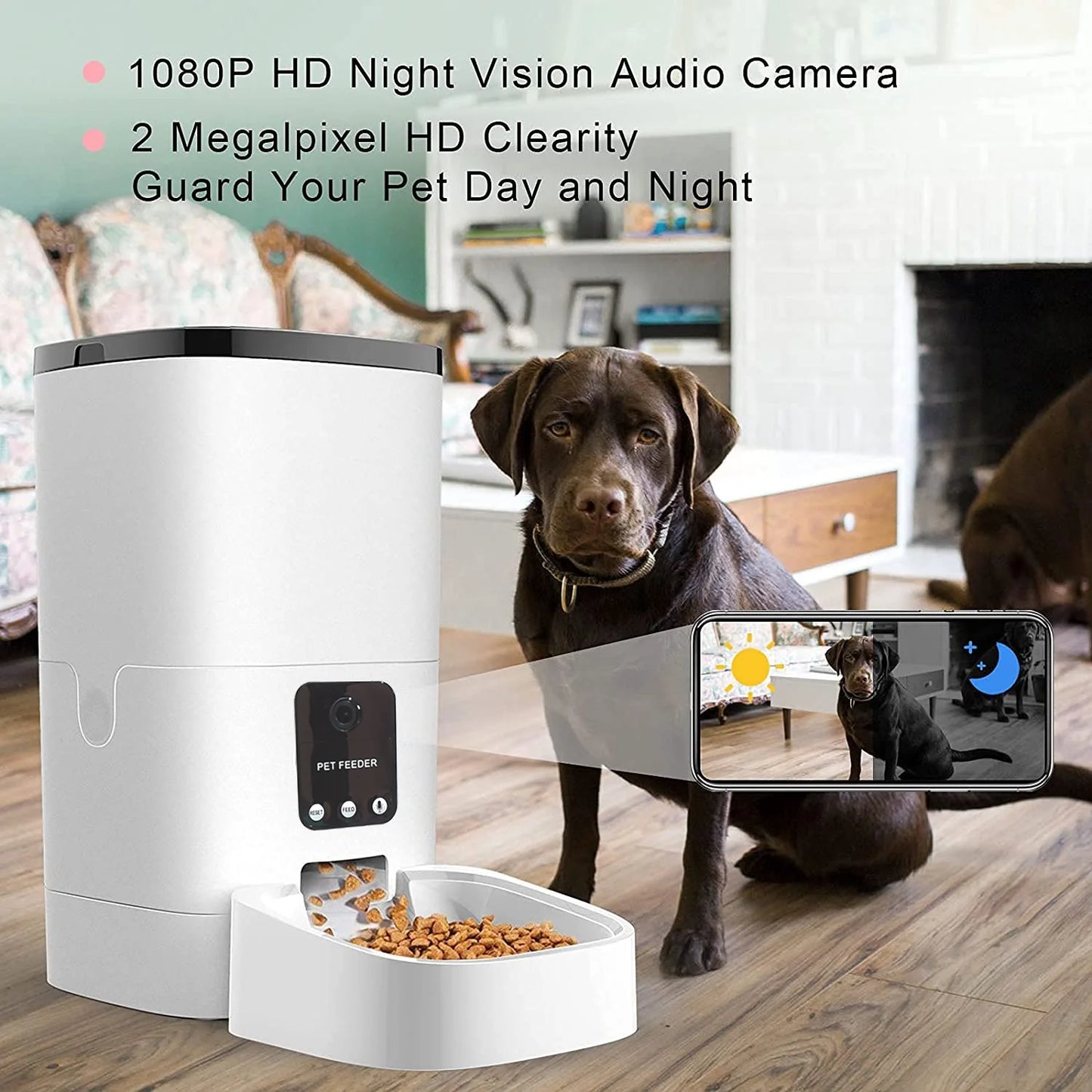 Automatic 6L Pet Feeder for Cats and Dogs with 1080P Camera, App Control, Voice Recorder, Timed Feeding, Dual Power Supply, and Wifi Connectivity