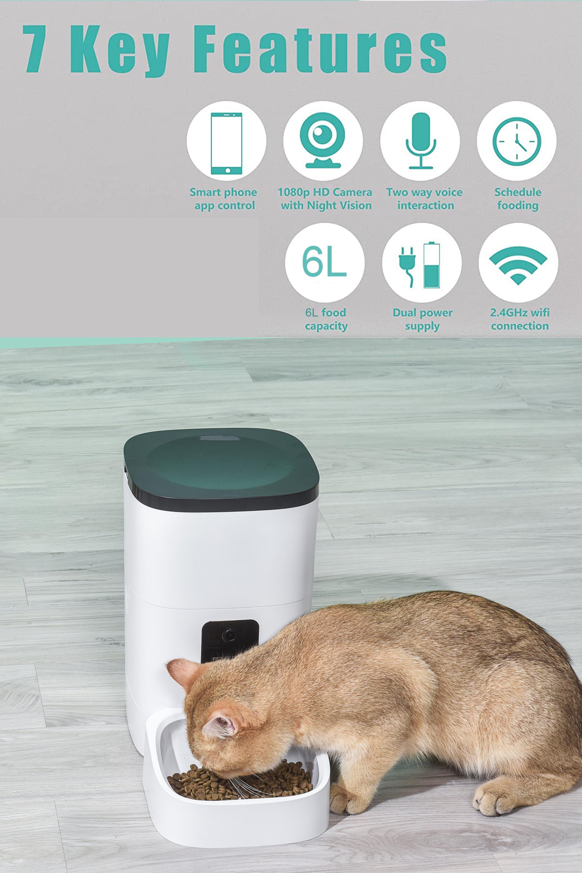 Automatic 6L Pet Feeder for Cats and Dogs with 1080P Camera, App Control, Voice Recorder, Timed Feeding, Dual Power Supply, and Wifi Connectivity