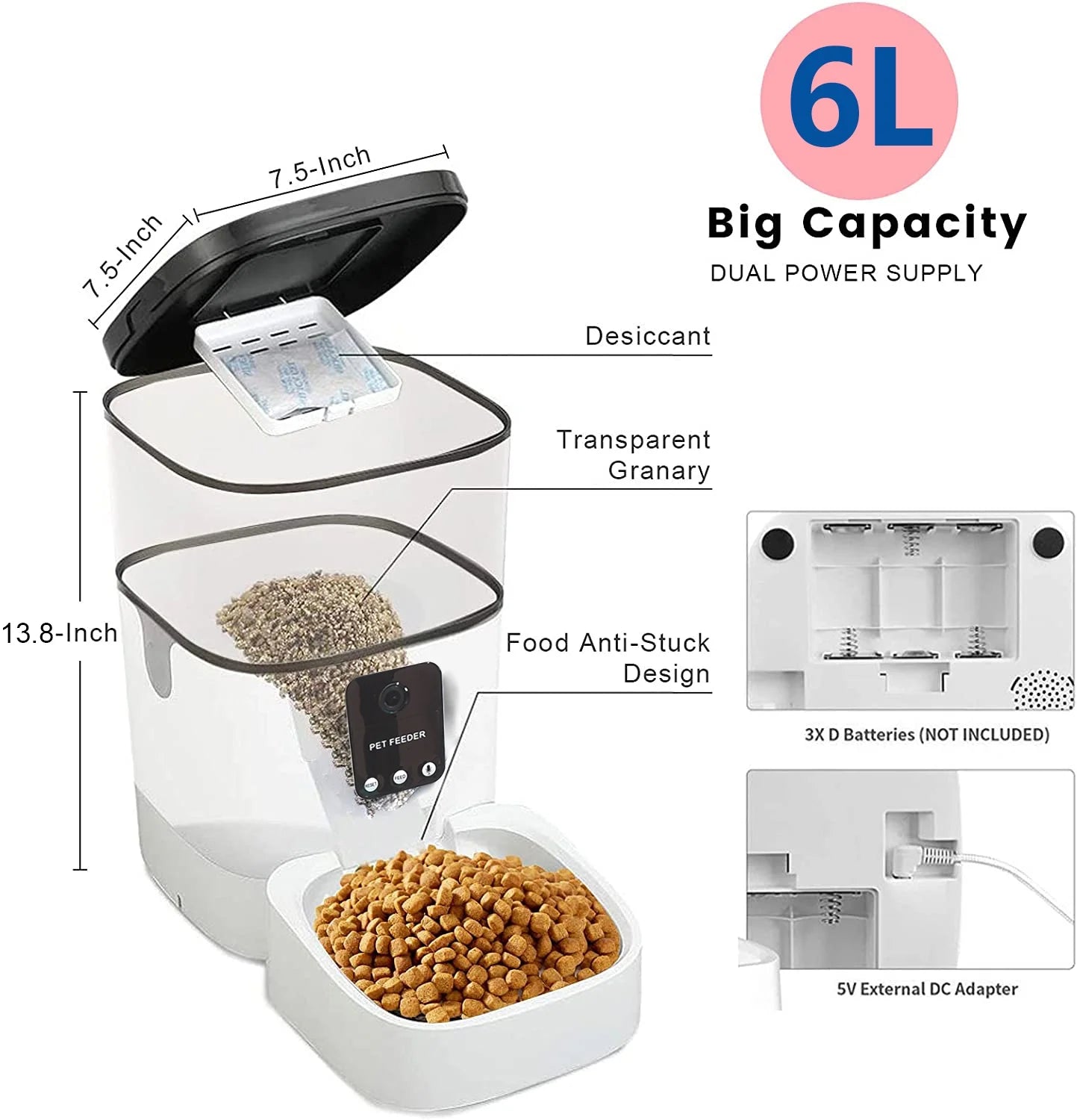 Automatic 6L Pet Feeder for Cats and Dogs with 1080P Camera, App Control, Voice Recorder, Timed Feeding, Dual Power Supply, and Wifi Connectivity