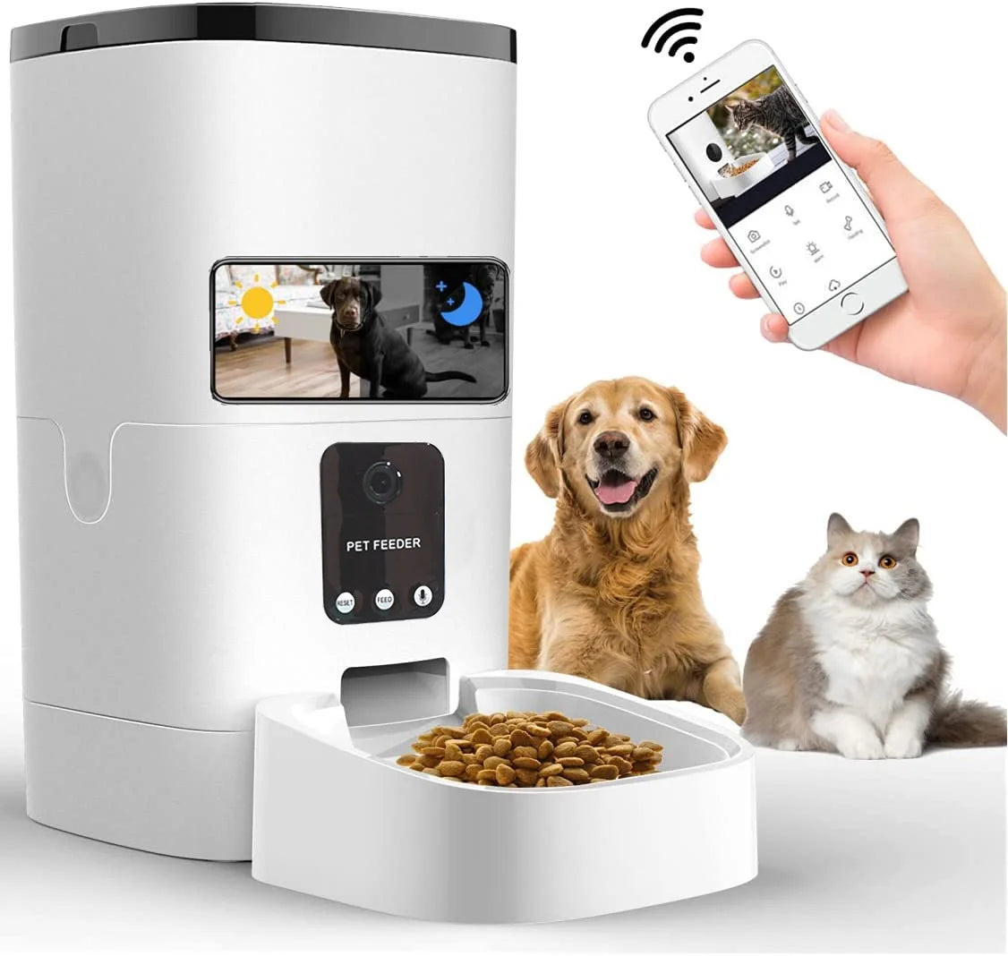 Automatic 6L Pet Feeder for Cats and Dogs with 1080P Camera, App Control, Voice Recorder, Timed Feeding, Dual Power Supply, and Wifi Connectivity