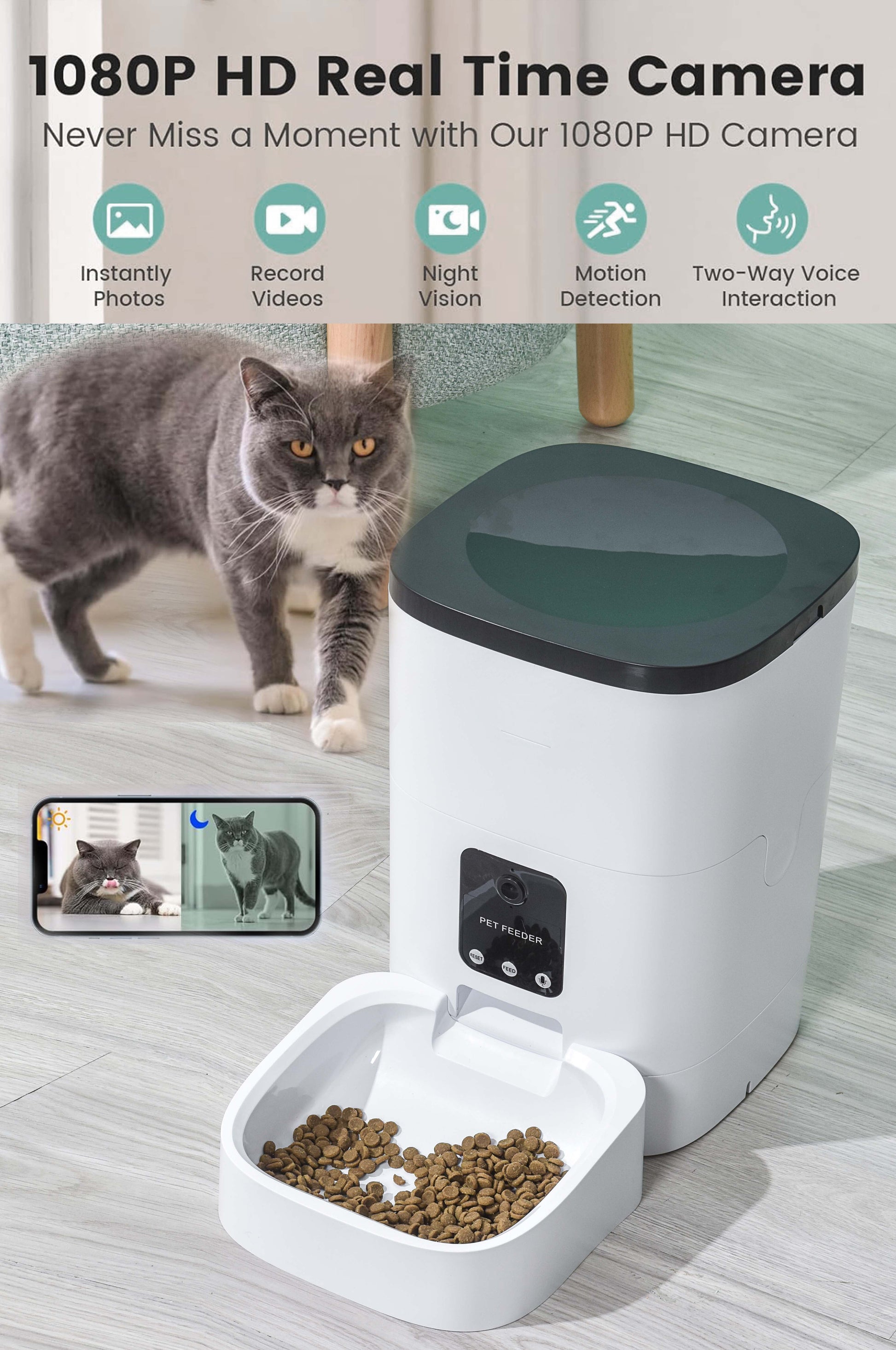 Automatic 6L Pet Feeder for Cats and Dogs with 1080P Camera, App Control, Voice Recorder, Timed Feeding, Dual Power Supply, and Wifi Connectivity